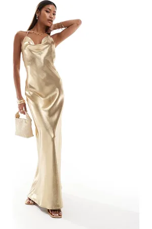 Aria Cove Vestido largo con cuello desbocado y espalda escotada de satén efecto líquido de