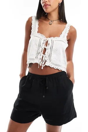 MANGO Pantalones cortos negros holgados con cordón ajustable de mezcla de lino de