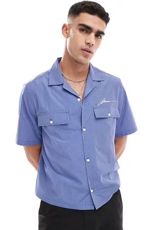 ASOS Camisa a rayas de corte cuadrado holgado con cuello de solapas y bordado en el pecho de