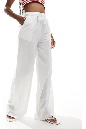 In The Style Pantalones blancos de pernera ancha con cordón ajustable de mezcla de lino de