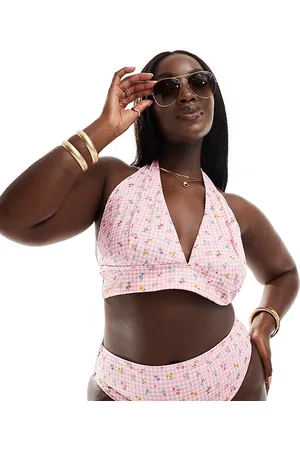 ASOS Top de bikini triangular de copas altas con cuello halter y estampado de flores y cuadros vichy Angie de Curve-Rosa