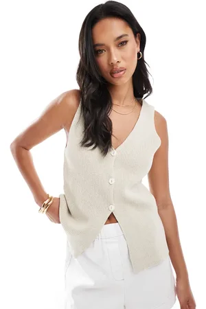 ASOS Chaleco largo color con cuello de pico de punto de -Beis neutro