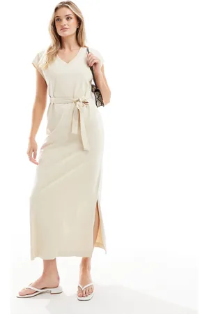 SELECTED Vestido largo beis con cuello de pico de punto liso de Femme-Beis neutro