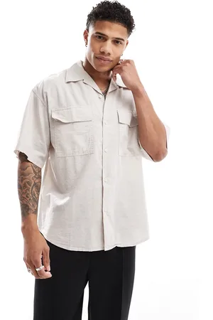 JACK & JONES Camisa beis extragrande con bolsillo utilitario de lino de -Beis neutro