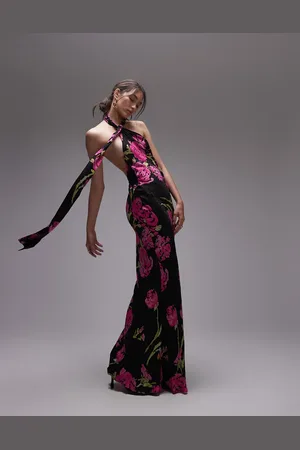 Topshop Vestido con cuello halter anudado de jacquard de flores y lunares de -Morado