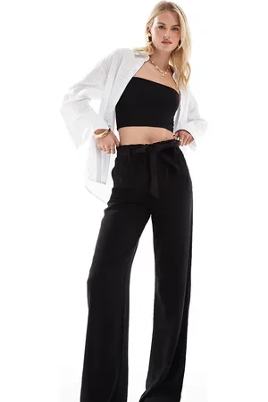 ONLY Pantalones negros de pernera ancha con lazada en la cintura de mezcla de lino de