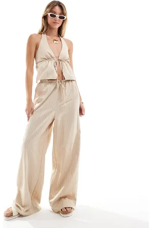 Miss Selfridge Pantalones beis de pernera ancha holgada con raya diplomática de popelina de (parte de un conjunto)-Rosa
