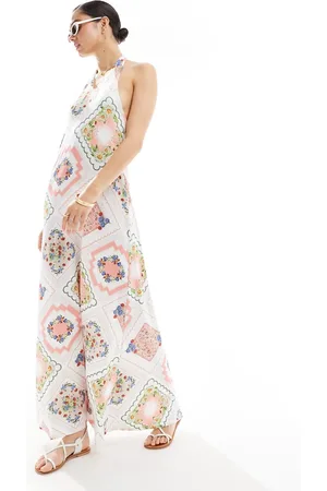 ASOS Vestido midi de corte trapecio con cuello halter, detalle anudado y de -Multicolor