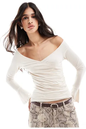VILA Top color crema de manga larga con lateral fruncido y puños acampanados de -Blanco