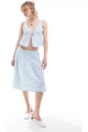 Motel Falda midi a cuadros vichy azul pastel plisada con estampado de florecitas de