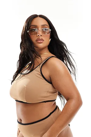 ASOS Top corto de bikini color café con leche con ribetes en contraste de Curve-Marrón