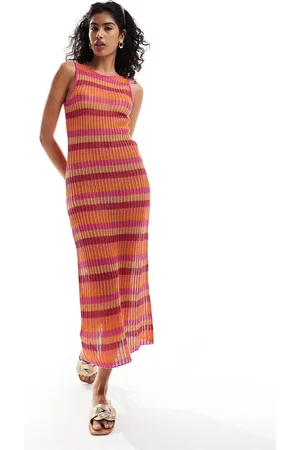 MANGO Vestido midi a rayas rosas y naranjas de croché de