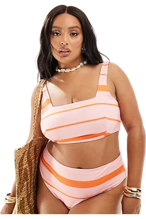ASOS Braguitas de bikini rosas a rayas naranjas de pernera y talle altos Mia de Curve-Multicolor