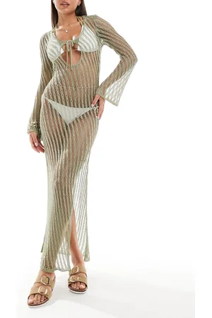 ASOS Vestido playero largo de manga larga con lazada delantera de punto de
