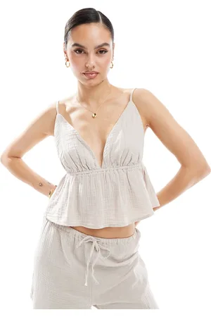 Pimkie Top de tirantes con cuello de pico y sobrefalda de tejido efecto lino de (parte de un conjunto)- neutro
