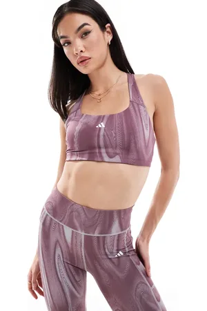 adidas Sujetador deportivo morado de sujeción media con diseño de 3 rayas Powerimpact de -Gris