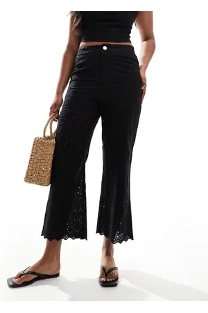 Morgan Pantalones capri negros con bajos bordados de mezcla de lino de
