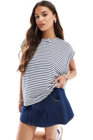 ASOS Camiseta blanca a rayas azul marino sin mangas con sisas caídas de -Multicolor