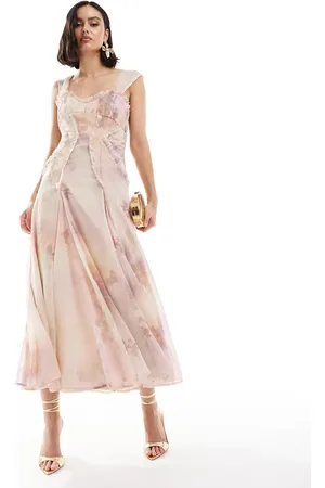 ASOS Vestido midi con estampado floral pálido, detalle tipo corsé fruncido, mangas de casquillo y bordes sin rematar de -Multicolor