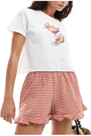 Miss Selfridge Pantalones cortos a cuadros vichy color óxido con volante de -Rojo