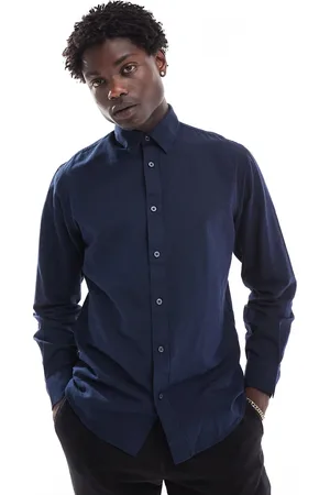 SELECTED Camisa azul marino de manga larga de lino de
