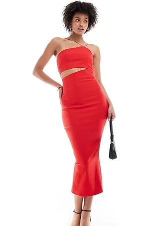 Vesper Vestido midi rojo con cuello halter asimétrico y abertura de