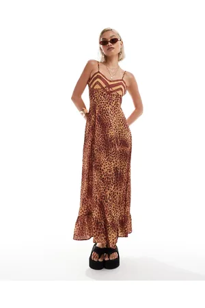 Reclaimed Vestido lencero largo con estampado de leopardo, lazos y ribetes de encaje de -Multicolor
