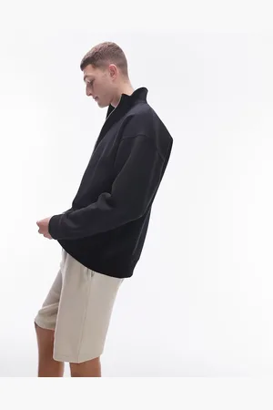 Topman Sudadera negra con cuello alzado y cremallera de tejido grueso premium de
