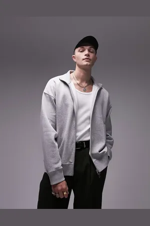 Topman Sudadera gris jaspeado con cuello alzado y cremallera de tejido grueso premium de
