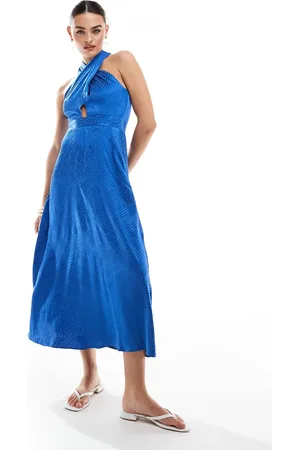 Closet Vestido midi azul con detalle retorcido en la parte delantera de satén de