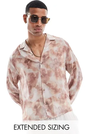 ASOS Camisa beis de corte cuadrado holgado con estampado floral fotográfico y cuello de solapas de -Beis