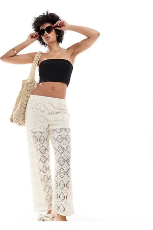 JDY Pantalones color de pernera ancha con pantalones cortos interiores de croché de -Beis neutro