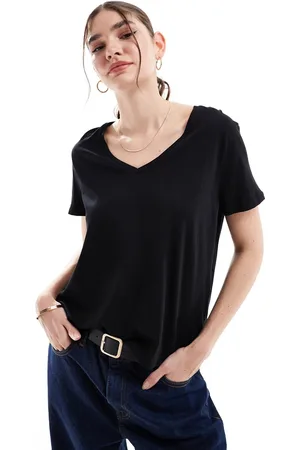 Pimkie Camiseta negra básica con cuello de pico de algodón de