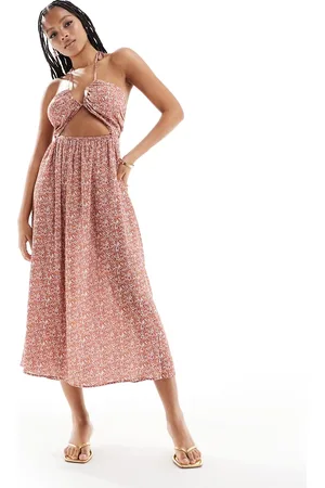 ASOS Vestido midi color óxido con cuello halter, aberturas y estampado de florecitas de viscosa de -Multicolor
