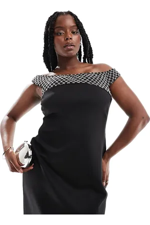 ASOS Vestido midi con escote Bardot y detalle de panel adornado de ASOS DESIGN Curve