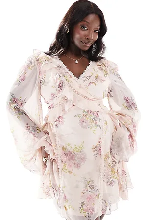 ASOS Vestido camisero rosa rubor de manga larga con estampado floral, abertura, volantes e inserto de encaje de ASOS DESIGN Curve-Multicolor