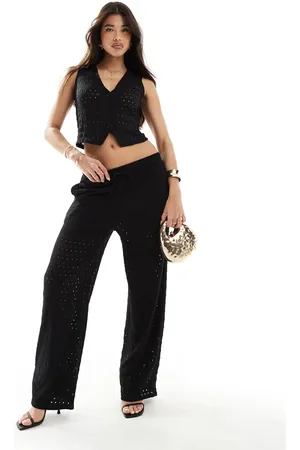 Kaiia Pantalones negros de pernera ancha con cordón ajustable de croché de (parte de un conjunto)
