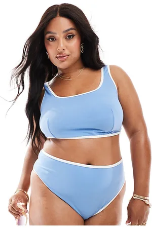 ASOS Top de bikini corto azul polvoriento con ribetes en contraste de Curve
