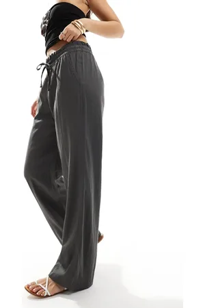 Hollister Pantalones grises y negros holgados con cinturilla regulable de mezcla de lino de