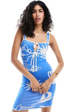 ASOS Vestido corto azul con lazada delantera, abertura y estampado de postal de -Multicolor