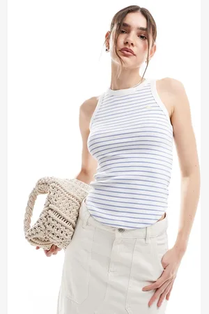 Abercrombie & Fitch Camiseta blanca a rayas azules sin mangas con cuello de nadadora y bajo redondeado de -Multicolor