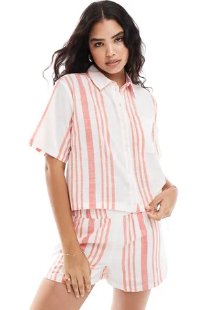 JDY Camisa blanca a rayas rosas de corte cuadrado de (parte de un conjunto)-Blanco