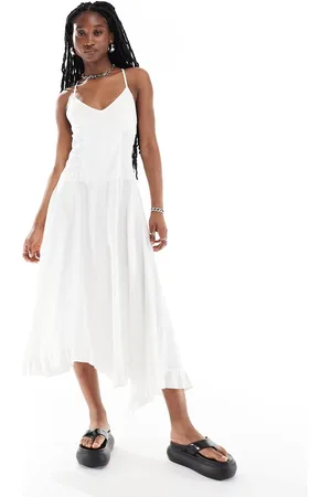 Reclaimed Vestido midi blanco de tirantes con detalle fruncido de sarga de
