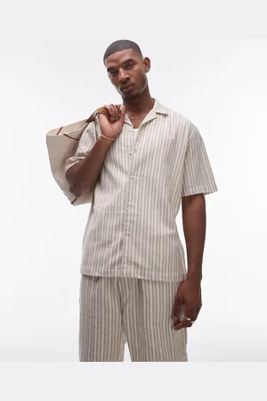 Topman Camisa color crema a rayas de manga corta de croché de (parte de un conjunto)-Beis neutro