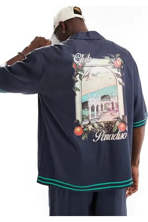 Only & Sons Camisa azul marino con cuello de solapas y estampado "Paradiso" en la espalda de (parte de un conjunto)