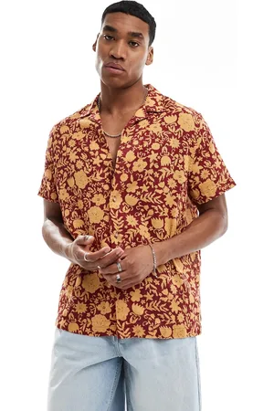 ASOS Camisa naranja y roja holgada con estampado floral y cuello de solapas de tejido texturizado de -Multicolor