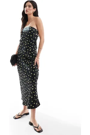ONLY Vestido largo con espalda al aire y estampado floral amarillo de satén de