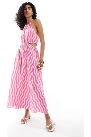 MANGO Vestido midi a rayas rosas onduladas con cuello halter de