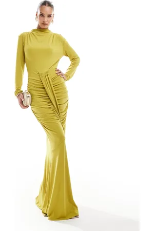 DASKA Vestido largo verde con parte delantera fruncida de