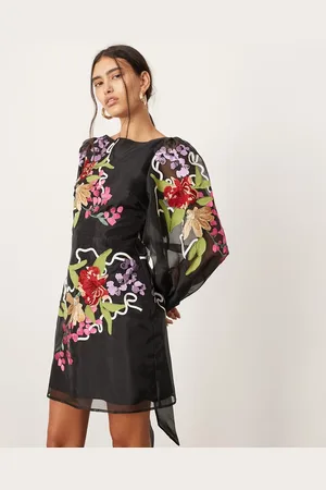 ASOS Vestido corto de manga larga con bordados y lazada en la espalda de organza de